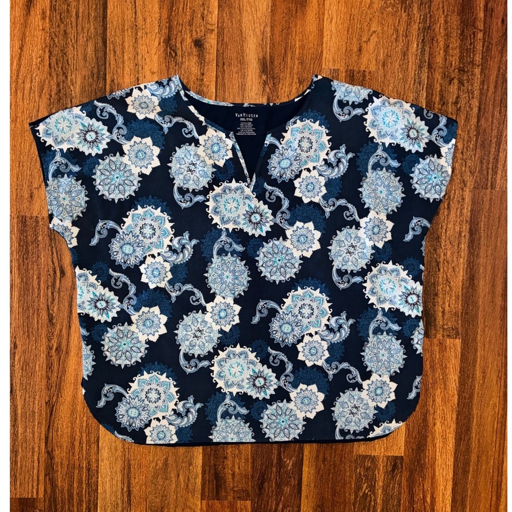 Van Heusen Womens XXL Navy Blue Paisley Mandala Print Mixed Media Blouse Top